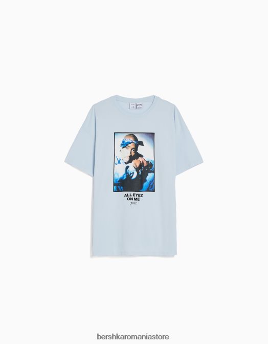 Bershka unisex tricou tupac cu maneca scurta albastru deschis Z86D3709 îmbrăcăminte